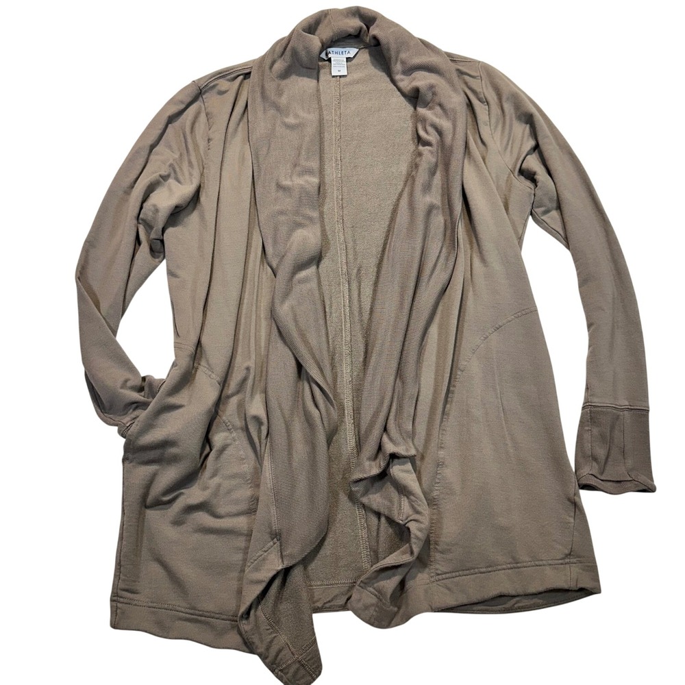 Athleta Womens Draped‎ Open Front Cardigan Taupe Brown Shawl Collar Size Medium